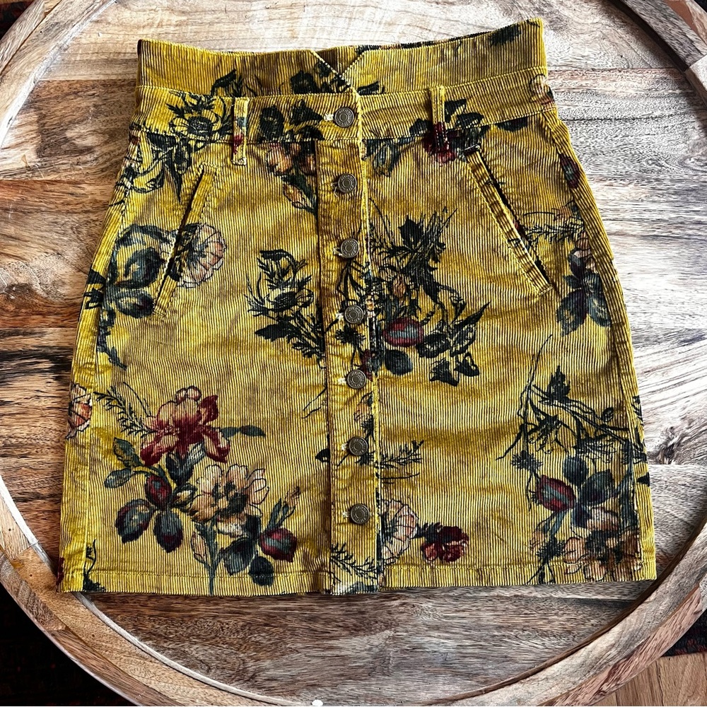 Anthropologie Corduroy Floral Button Down Mini Skirt